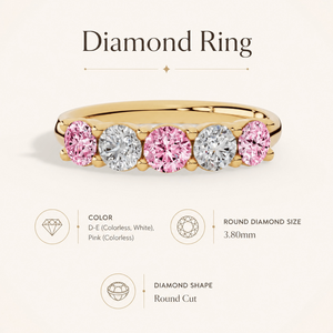 Bijoux fins en or 10 carats avec diamants de laboratoire roses clairs et blancs taille brillant, sertis en pavé à cinq pierres, certifiés IGI, vente en gros OEM - Product Image 5