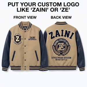 ZAINI Premium 420 GSM Wool Blend Windproof Varsity <b>Jacket</b> Tan Body Navy Faux <b>Leather</b> Sleeve Panels Custom Chenille Logo Design - Product Image 1
