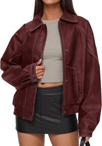 Bomber Jacket Unisex PU Leather Maroon V-neck Collar Half Zip Closure Regular Loose Fit Casual Winter Style Hooded Thick Bamboo - Product Image 4