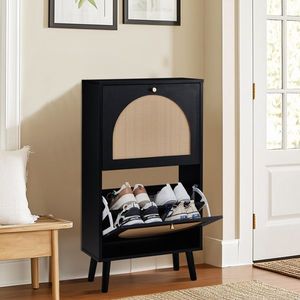 Scarpiera 54*24*98cm con telaio nero in legno truciolare originale e rattan sintetico, 2 contenitori ribaltabili e piedini alti - Product Image 3