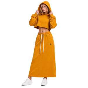 Solid Color Oversized Cropped Women's Hoodie & <b>Maxi</b> <b>Skirt</b> Co-Ord Sets High GSM Cotton Fleece Custom Tracksuit Bulk Manufacturer - Product Image 1