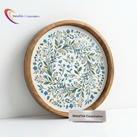 Plateau de service rond en bois d'acacia, imprimé floral, pour restaurants, mariages, ou comme plateau décoratif pour ottoman, fait main, vaisselle de cuisine