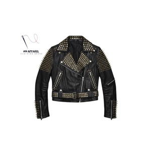 Women's Black Genuine Leather <b>Biker</b> <b>Jacket</b> With Gold Rivets Stand Collar Full Sleeve Motorcycle Coat - Product Image 2