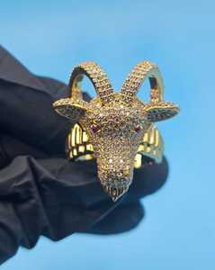 Bague Tête de Chèvre en Moissanite pour Hommes, Bande Pavée Plaqué Or, Argent 925 Original, Cadeau Hip Hop pour Amateurs d'Animaux et Amis - Product Image 5