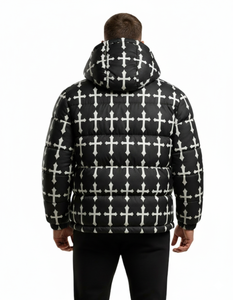 Blouson matelassé à capuche noir imprimé croix pour homme – Manteau d'hiver chaud style streetwear – Vêtement d'extérieur personnalisé en gros - Product Image 5
