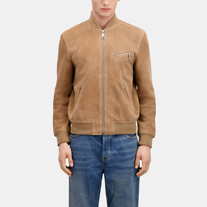 Suede <b>Leather</b> <b>Jacket</b> Round Neck Beige Color <b>Long</b> Sleeves <b>Jacket</b> With Zipped Pocket - Product Image 1