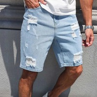 Shorts Bermuda en jean bleu clair pour homme, taille mi-haute, fermeture à cordon, style décontracté, 100 % coton, séchage rapide, logo frontal, tissu tricoté