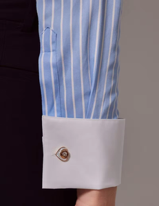 เสื้อเชิ้ตผู้หญิงแฟชั่นเรียบง่าย สีน้ำเงินขาว ลายเรขาคณิต กันยับ ระบายอากาศได้ดี เป็นมิตรกับสิ่งแวดล้อม ติดกระดุม คอปกและปลายแขนเสื้อตัดกัน ทรงเข้ารูป - Product Image 5