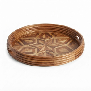 Bandeja Redonda de Madera Tallada a Mano al por Mayor, Centro de Mesa Rústico, Plato Decorativo de Madera con Borde de Cuentas para Decoración de Mesa del Hogar - Product Image 5