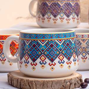 Alluring Japandi Style Glazed <b>Ceramic</b> Tea Cup Set of 6 400ml Capacity Microwave Safe Saucers <b>Lids</b> Featuring Unique Pattern Logo - Product Image 5