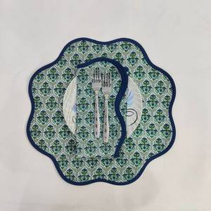 <b>Round</b> scalloped botanical Placemat Block Print fabric <b>table</b> mat easy care machine washable rustic kitchen decor <b>dining</b> mat <b>set</b> - Product Image 1