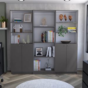 ชุดตู้หนังสือสำหรับบ้าน Hialeah 3 ชิ้น สีเทาด้าน/สีขาว กว้าง 74 นิ้ว พร้อมชั้นวาง 10 ชั้น และตู้บานคู่ 2 ตู้ สำหรับห้องนั่งเล่น - Product Image 1