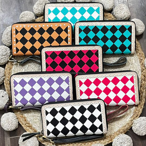 Western Genuine Cowhide Leather Checkered Wallet for Women Zipper Clutch Handcrafted <b>Wristlet</b> Purse Multi Color Durable Design - Product Image 5