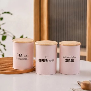 Pink Metal Food Storage Containers With Wooden Lids Cylinder Shape Airtight Design For <b>Kitchen</b> Spice Preservation Minimalist - Product Image 1