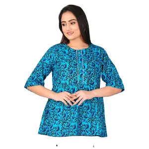 Hot Selling Item 2024 Short Tops with Floral Pattern Designed Half Sleeve Short Tops For Sale By Indian Exporters