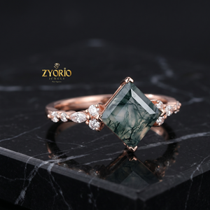 Anillo de Compromiso de Plata de Ley 925 con Ágata Musgosa Corte Princesa y Detalles de Diamantes, Anillo de Promesa de Ágata Musgosa Inspirado en la Naturaleza, Único B - Product Image 4