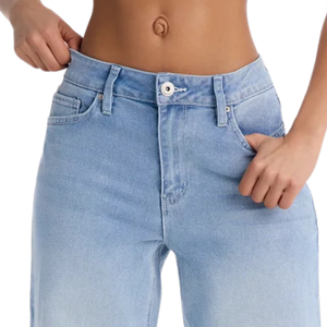 Jean en denim bleu clair pour femme, coupe large, taille mi-haute, décontracté, ample, respirant, en coton extensible, longueur complète, mode, pour tous les jours - Product Image 3