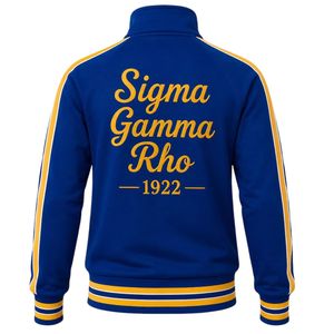 ชุดวอร์ม Sigma Gamma Rho แจ็คเก็ตและกางเกงจ็อกเกอร์ สีน้ำเงินทอง ลายตัวอักษรกรีก ชุดกีฬาแบบกำหนดเอง เสื้อผ้าลำลองแนวสตรีท ขายส่ง - Product Image 5