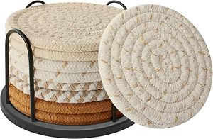 Ensemble de 8 sous-verres pour boissons, bière, café, sous-verres absorbants en coton tissé 4 couleurs avec support - Product Image 3