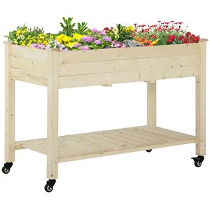 Fioriera Rialzata Mobile in Legno con Ruote Bloccabili, Scaffale Contenitore per Erbe Aromatiche e Verdure, con Funzioni di Drenaggio per Patio - Product Image 1