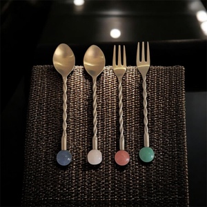Gold Plated Twisted Handle Cutlery Set With Marble <b>Ball</b> Ends Modern Design Spoon Fork Set - Product Image 4