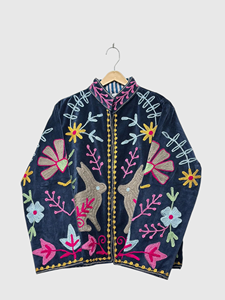Floral Embroidered <b>Velvet</b> Jacket Mandarin Collar Full Sleeve Prairie Chic Style Plus Size Women's Autumn Wear - Product Image 5