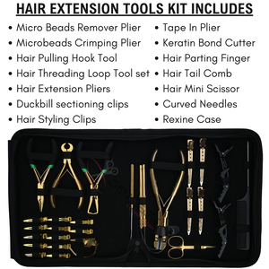 Professional Gold Stylist Hair Extension Kit with Tape In Applicator Bead Remover 2 Hole Crimping Plier Hook Loop Set in Case - Product Image 2