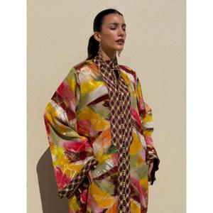 Silk <b>Kaftan</b> Floor-Length Traditional Winter/Summer Party Printed Multicoloured Moisture Wicking High Stand Collar Contrasting - Product Image 6