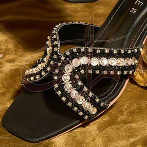 <b>Suede</b> Velvet Crystal Crossover Straps Anti-Slippery Comfortable Fashion Trend Printed Customizable Bold <b>Black</b> Base Slipper <b>Heels</b> - Product Image 5