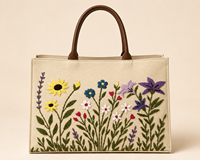 Sac fourre-tout petit format en toile de coton brodé floral, durable, réutilisable, pour femme, idéal pour le voyage, le quotidien, la plage et les courses