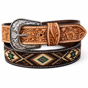 Genuine Leather Vintage Casual <b>Western</b> Cowboy <b>Belt</b> Handmade Beaded Floral <b>Mens</b> Rodeo Engraved Silver Buckle Heavy Duty Durable - Product Image 5