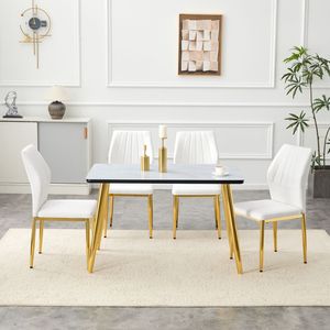 Set da Pranzo Bianco con Effetto Marmo, Piano in Vetro con Base in MDF e Gambe Affusolate in Metallo Dorato, 4 Pezzi - Product Image 3