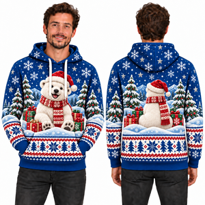 Men's Green Christmas Reindeer Print Hooded Sweatshirt Knitted Polyester Casual Winter Hoodie with Pocket Design Regular Fit - Product Image 5