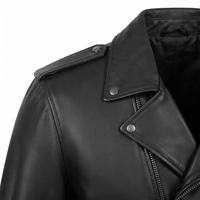 Veste de moto en cuir véritable pour homme, col rabattu, fermeture éclair, coupe ajustée, longueur normale, couleur noire unie