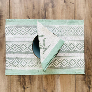 Hand Block Printed Cotton Placemats and Napkins <b>Set</b> Green Floral Table <b>Linens</b> - Product Image 2