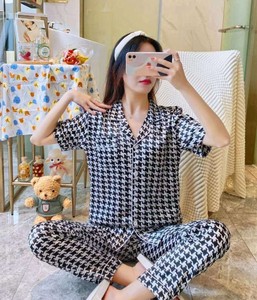 Women's Short Sleeve Pajama Set Cotton Letter Print Casual Sleepwear Summer Full Length <b>Turn</b>-down Collar Button Fly - Product Image 5