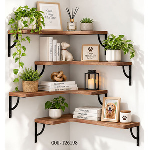 Étagères d'angle murales à 4 niveaux en bois avec supports en fer, design minimaliste pour le rangement dans le salon - Product Image 2