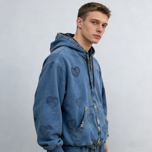 Sweat-shirts à capuche bleus surdimensionnés pour hommes, zippés, effet vieilli, avec poche avant embossée, étiquette personnalisée, style streetwear décontracté - Product Image 4