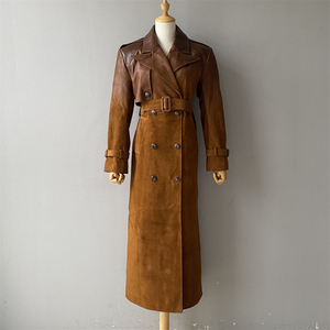 Manteau trench unisexe en cuir véritable, long, col montant, manches longues, respirant, coupe-vent, vêtement d'extérieur décontracté pour l'hiver, polyester - Product Image 1