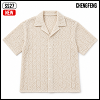 Strickwaren Polohemden Herren Retro Beige Geometrisches Lochmuster Strick Camp-Kragen Kurzarm Sommer Freizeithemd Lieferant