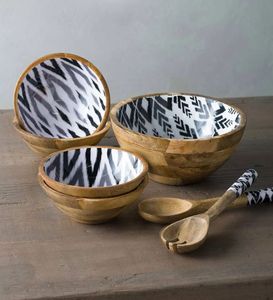 Classic Round Wooden Bowl With Enamel Design Luxury <b>Tabletop</b> Accent For Dining And Serving - Product Image 5