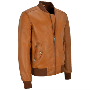 Blouson aviateur en cuir véritable marron pour homme, col rabattu, fermeture éclair, vêtement décontracté pour l'automne - Product Image 2