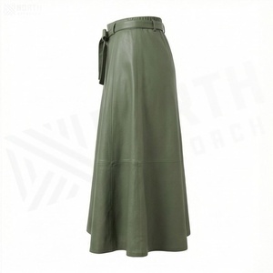 Jupe midi trapèze en cuir PU pour femme, taille élastique, avec nœud décoratif, couleur unie, style minimaliste, toutes saisons - Product Image 3