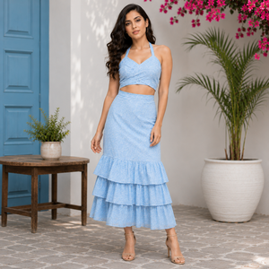 Ensemble deux pièces pour femme, haut court à bretelles rayé bleu clair, jupe midi à volants superposés, style bohème, en coton, printemps-été - Product Image 1