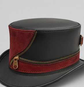 Chapeau haut de forme en cuir steampunk fait main de qualité supérieure, sur mesure, noir et rouge avec fermeture éclair - Product Image 5