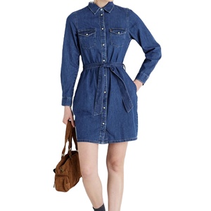 Haute qualité femmes Denim chemise longue robe en gros décontracté ceinturé boutonné Jean robe Style occidental dames mode vêtements - Product Image 5