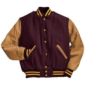 Chaqueta Varsity de béisbol de invierno color granate sólido OEM para hombre con mangas de cuero, ligera y con botones. - Product Image 1