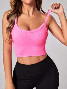 Top corto rosa sin costuras con textura acanalada para mujer, top deportivo elástico, transpirable, para gimnasio y fitness, sin mangas, camiseta personalizada para mujer - Product Image 3