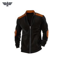 Veste pull-over en velours côtelé blanc pour homme, col montant, empiècements marron aux coudes, color block, décontractée, respirante, automne, 300g