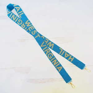 Sangle en tissu Hail West Virginia, accessoire de sac tendance avec texte en relief bleu et or - Product Image 1